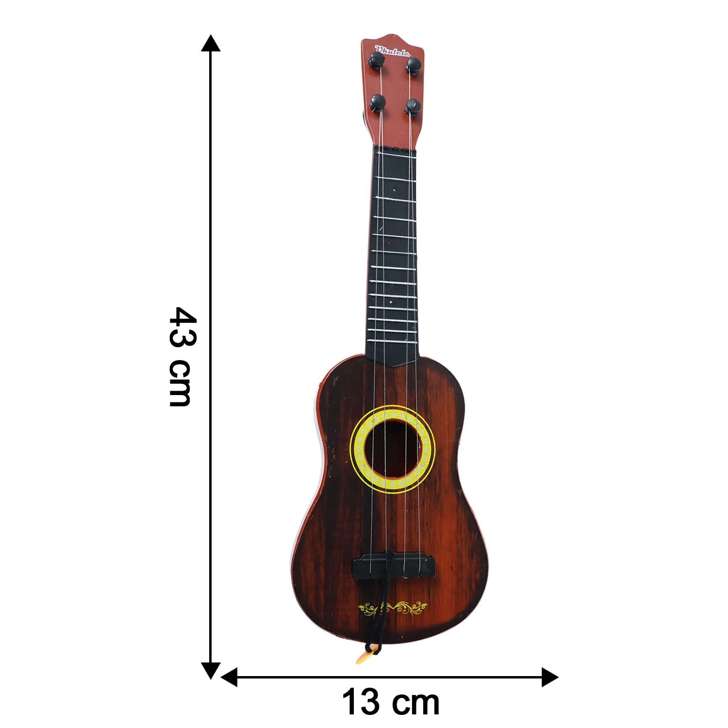 Young child holding a Wukusy classic wooden ukulele guitar, ideal for beginners and kids, with a natural wood finish.