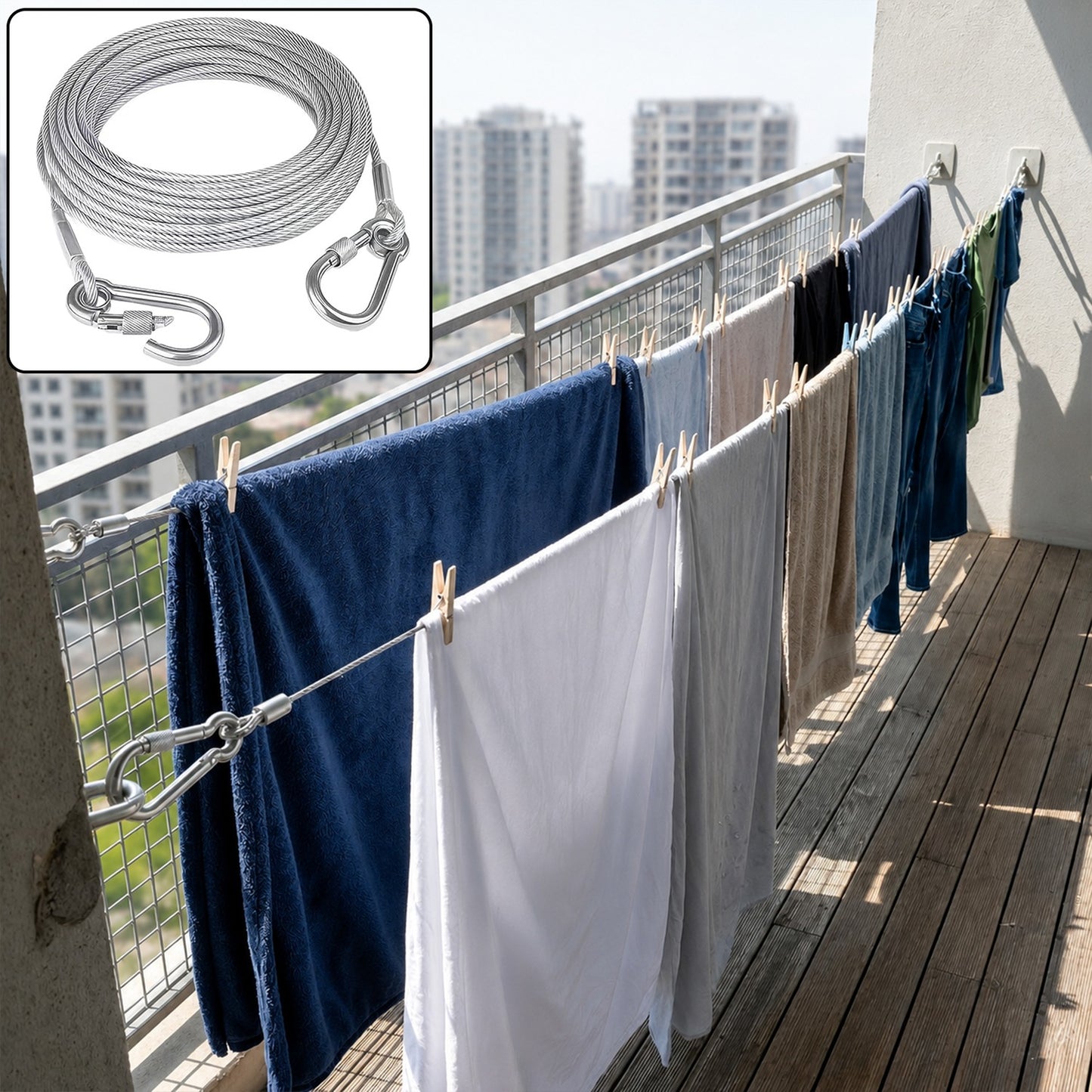 Heavy duty steel wire rope clothesline with carabiner hooks, 5 meters long, by Wukusy, ideal for outdoor laundry drying.