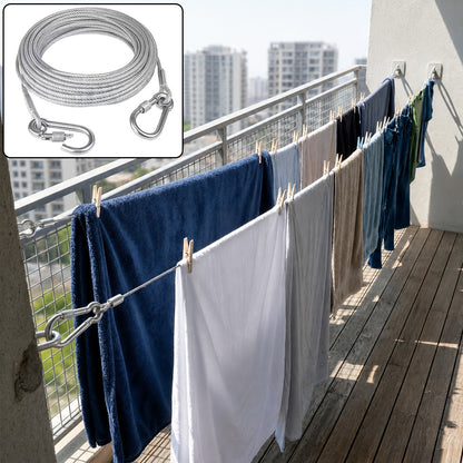 Heavy duty steel wire rope clothesline with carabiner hooks, 5 meters long, by Wukusy, ideal for outdoor laundry drying.