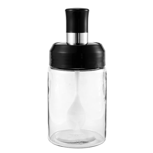 Transparent glass storage jar with built-in spoon, approximately 250ml capacity, by Wukusy for home and kitchen use.