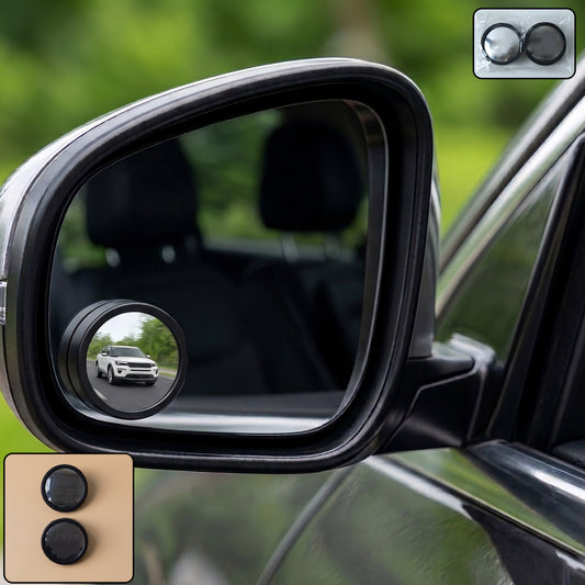 Pair of Wukusy 360-degree adjustable car blind spot mirrors showing reflective surfaces and mounting brackets for vehicle side mirrors.