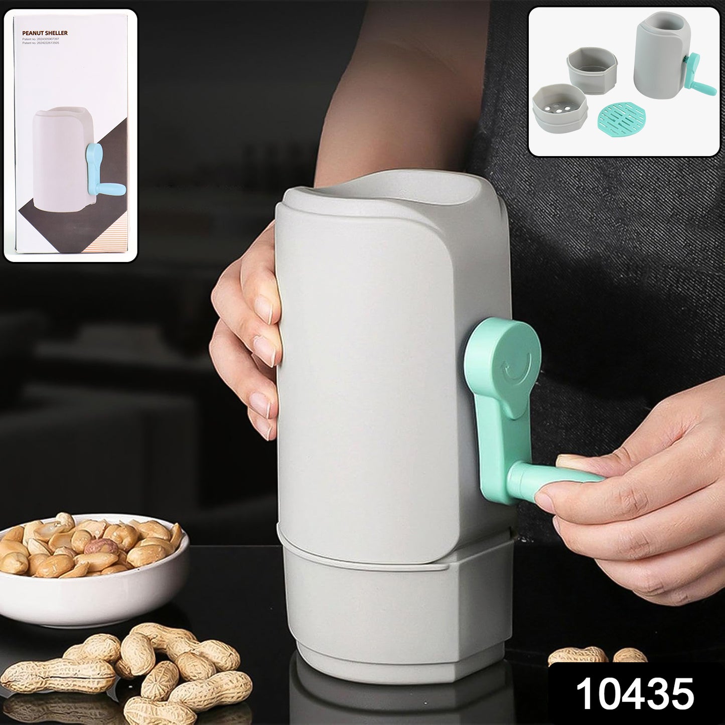 Manual hand-crank peanut sheller machine by Wukusy for home and kitchen use, shown with metal shelling components.