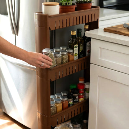 Wukusy multipurpose plastic 4-layer storage rack with wheels, showing stacked shelves and mobility features.