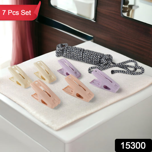 Wukusy cloth drying rope with clips, 7-piece set, showing hanging rope with colorful clips for laundry drying.