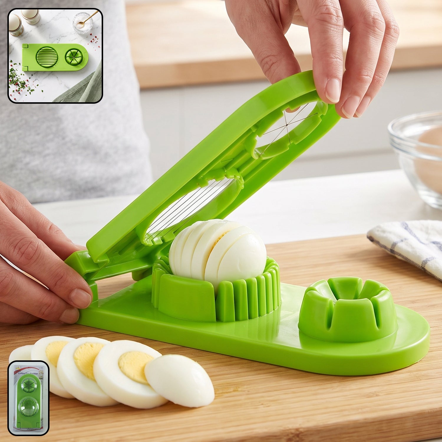 Wukusy 2-in-1 egg slicer and wedger with stainless steel wire for slicing boiled eggs, compact kitchen tool on a white background.