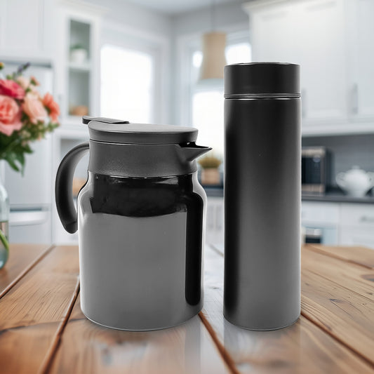 Wukusy thermal coffee carafe and tea pot set with LED display, includes 500ml water bottle and 1000ml pot for home use.