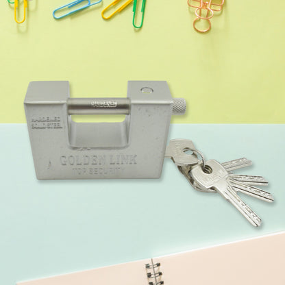 Wukusy stainless steel padlock with rectangular shape, 94mm size, 5 keys, waterproof, rust-resistant, for outdoor gates and sheds.