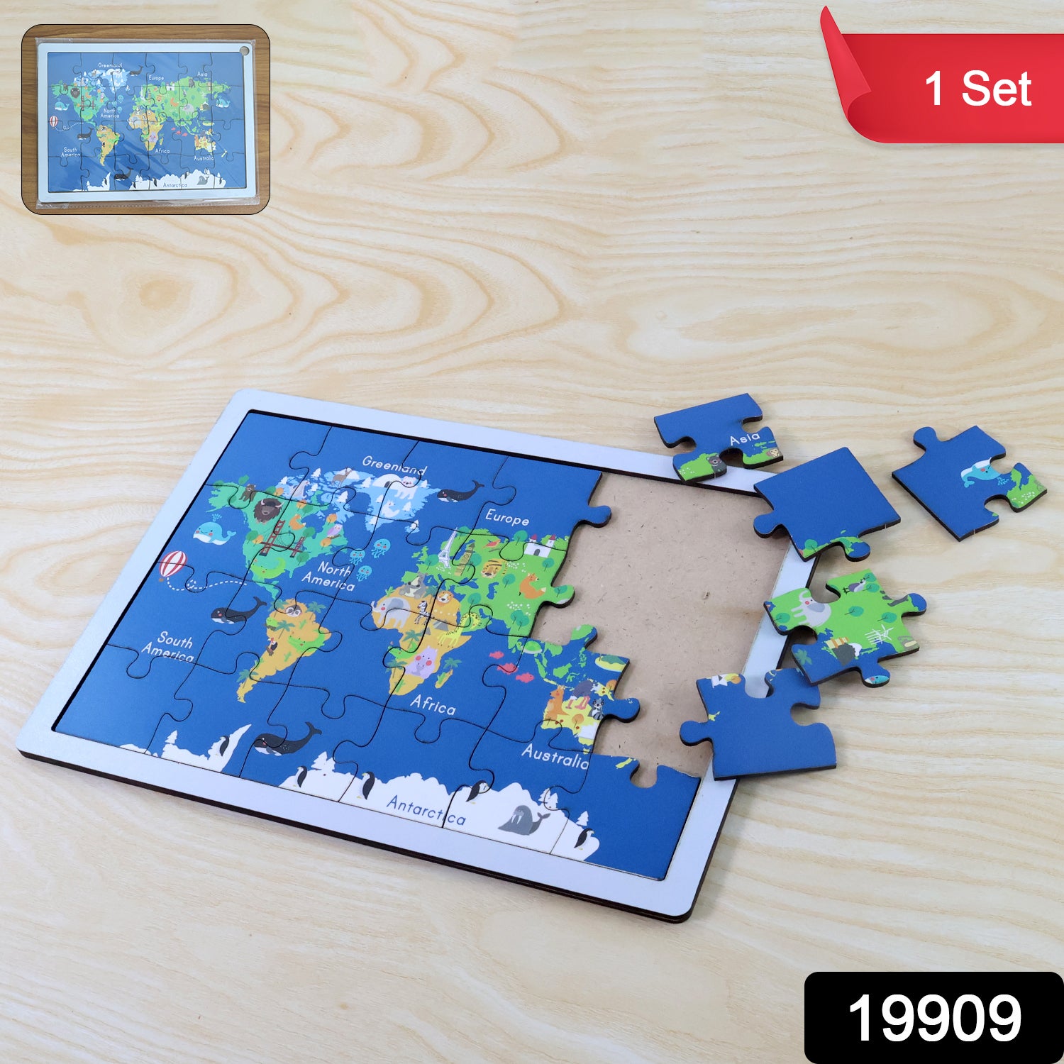 Educational wooden world map puzzle for kids by Wukusy, featuring colorful puzzle pieces of continents and countries.