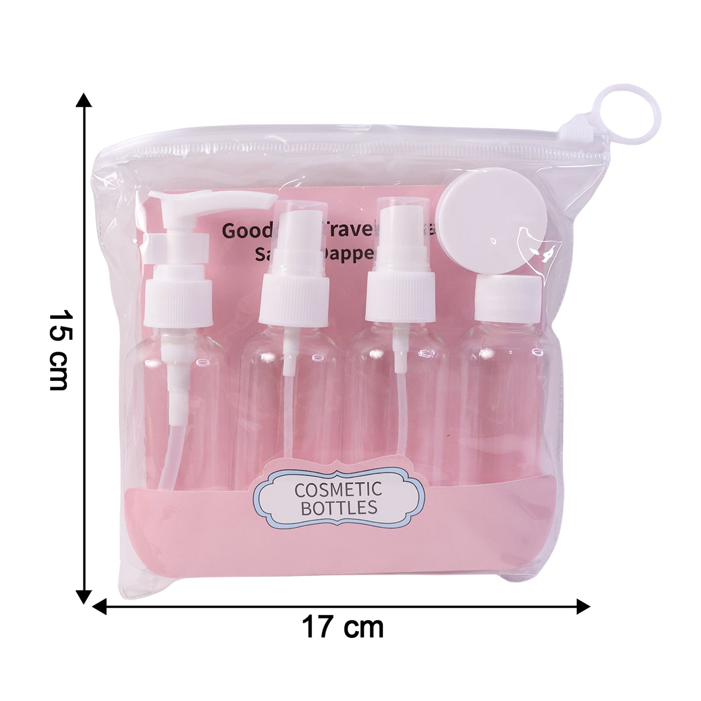 Wukusy 5-in-1 refillable travel cosmetic bottle set with clear containers and blue caps for toiletries and skincare on the go.