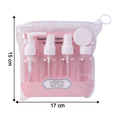 Wukusy 5-in-1 refillable travel cosmetic bottle set with clear containers and blue caps for toiletries and skincare on the go.