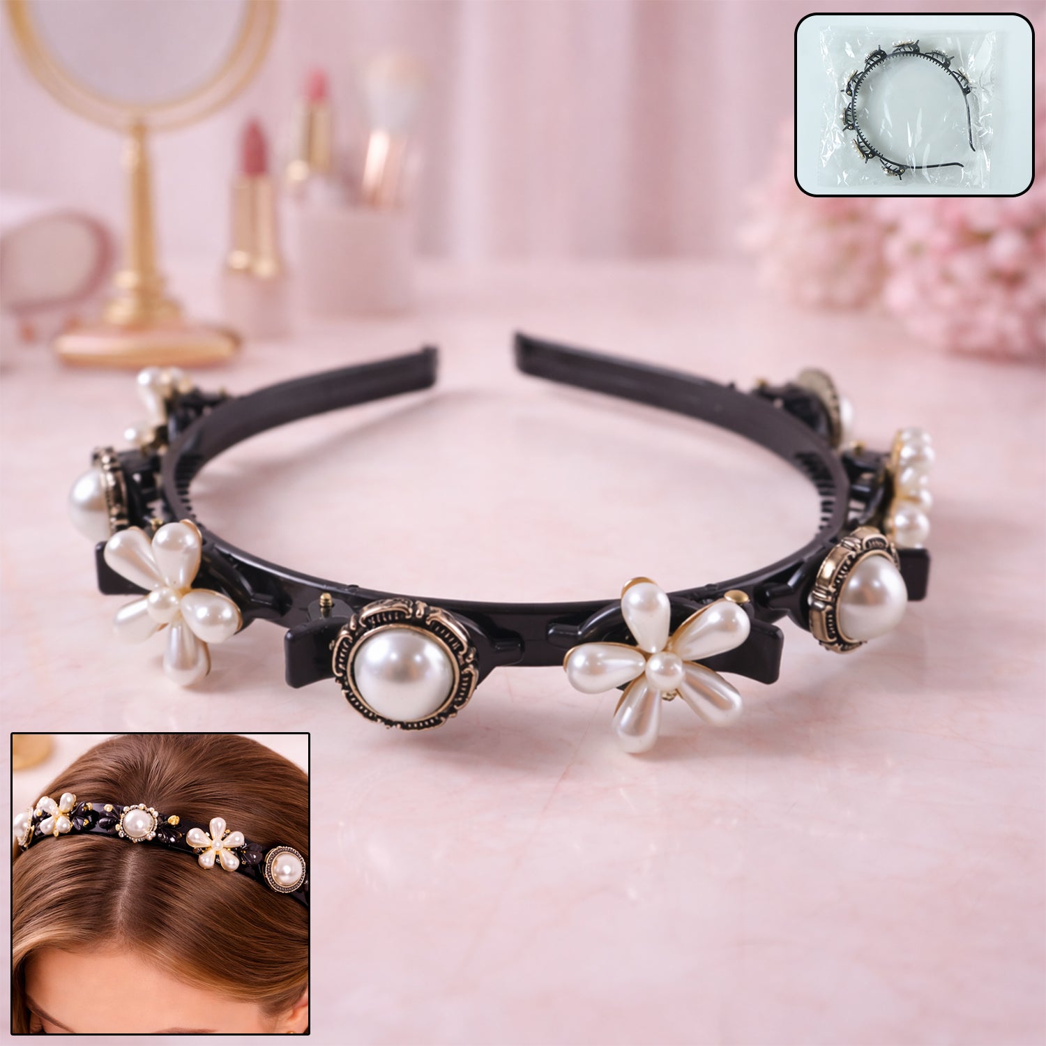 Luxury Pearl Floral Hair Band for women and girls by Wukusy featuring elegant pearl and floral design.