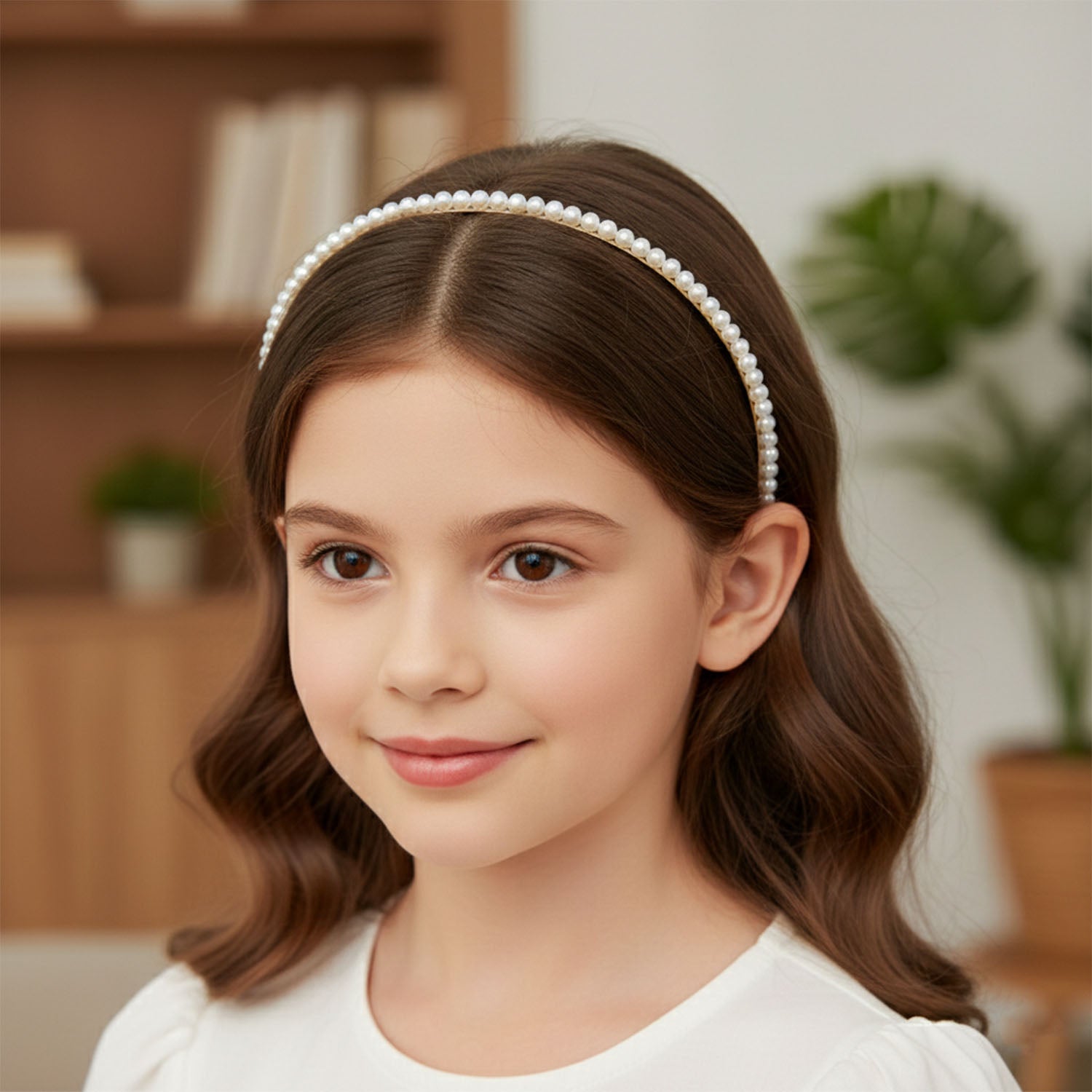 Elegant pearl beaded slim golden metal hair band with decorative pearls, designed for stylish hair accessory use.