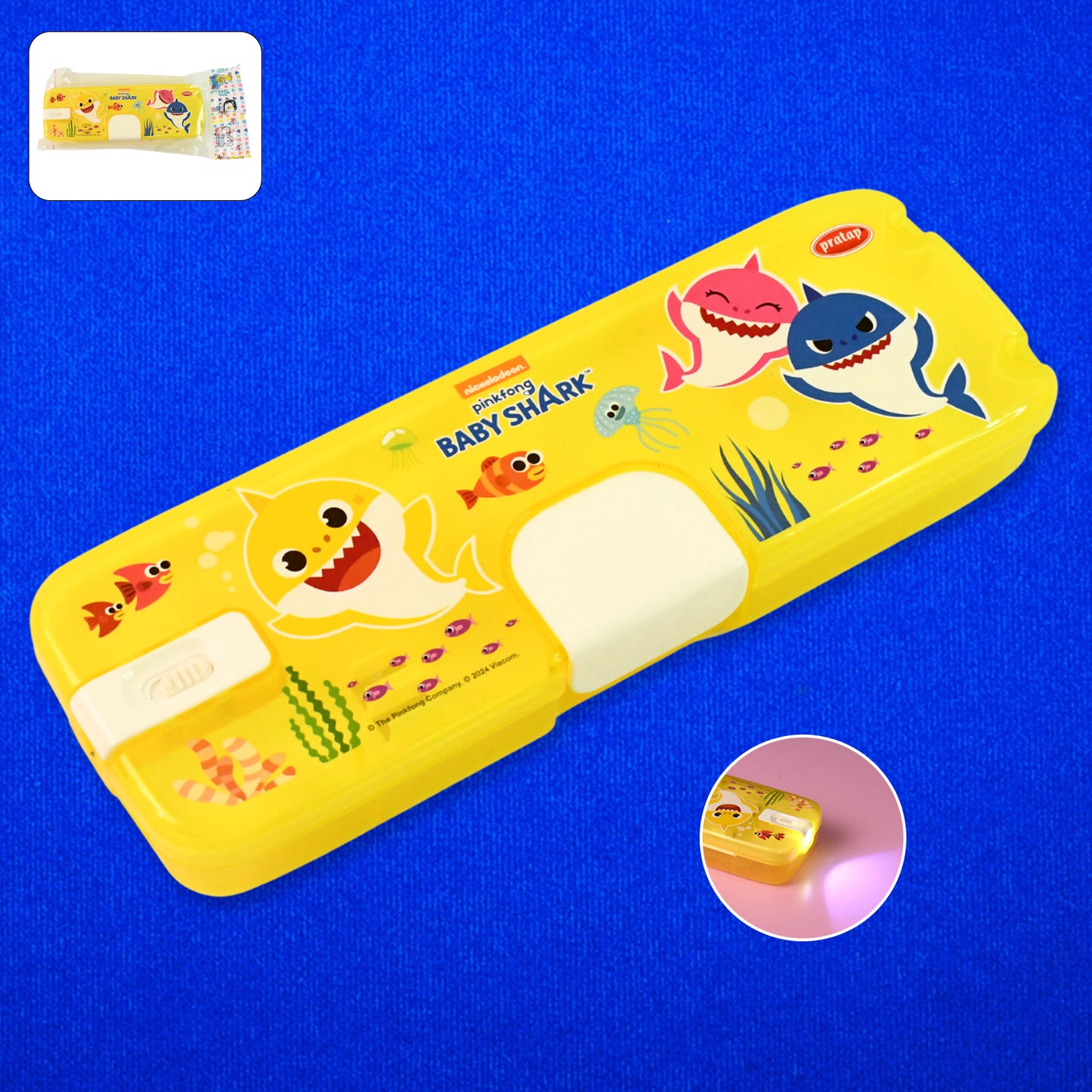 Plastic pencil box with LED light featuring cartoon print from Wukusy, designed for office or school use, opens to store pencils.