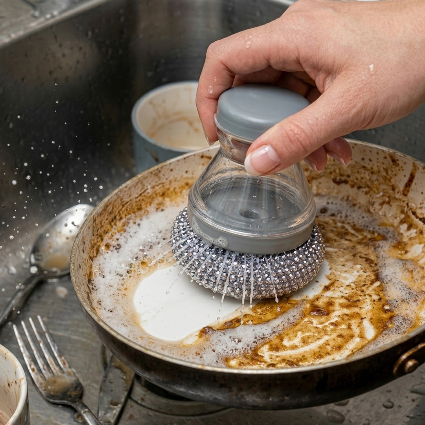 Wukusy liquid dispensing dish cleaning brush with ergonomic handle and flexible bristles for effective scrubbing.