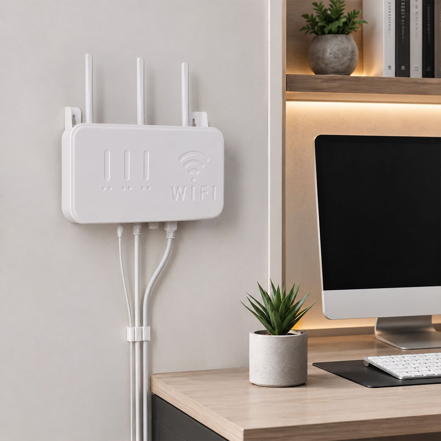 Wukusy wall mount WiFi router holder storage box with screws, organized for easy access and secure placement of router and cables.