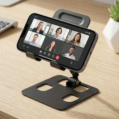 Adjustable metal mobile stand by Wukusy holding a smartphone on a clean wooden table surface.