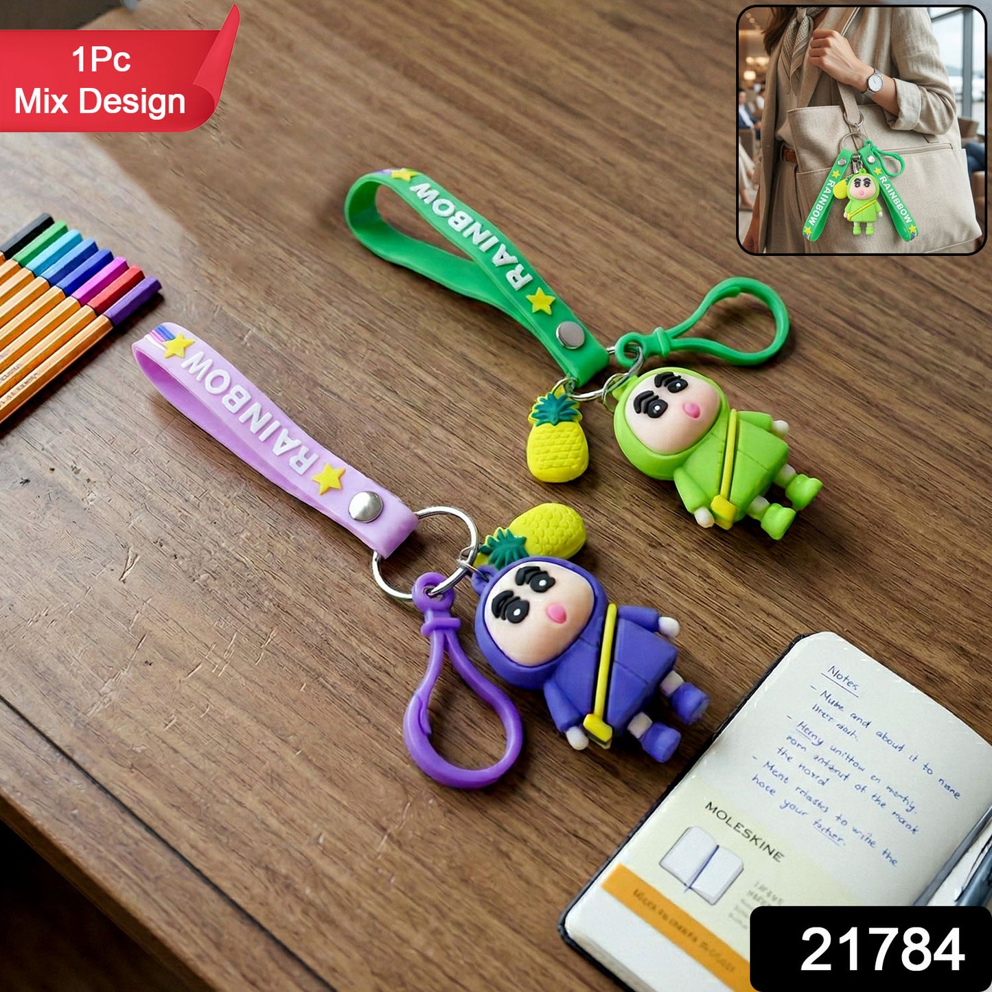 Cute cartoon doll keychain with strap and pineapple charm from Wukusy, featuring a colorful, whimsical character design.