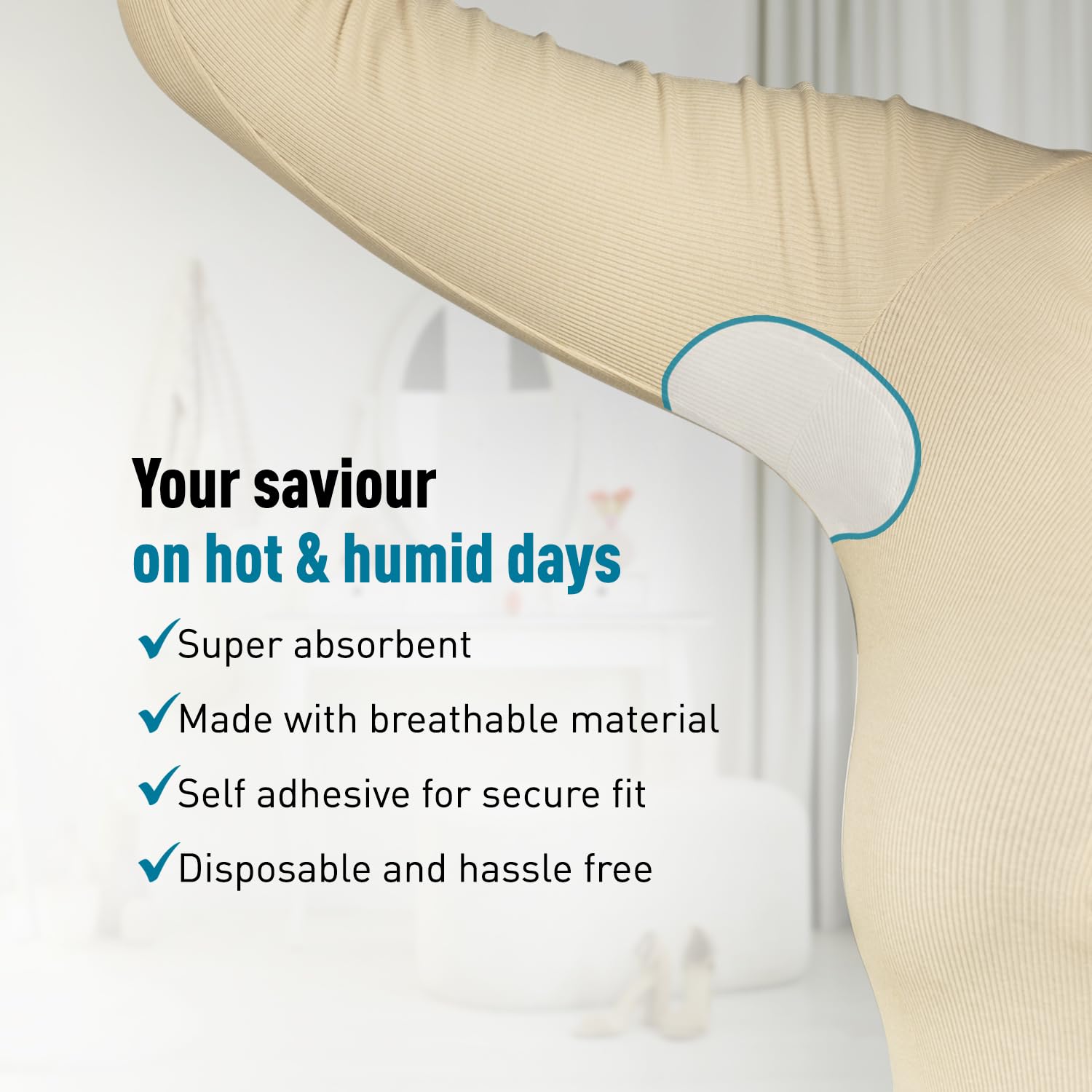Wukusy underarm sweat pads, 10-piece pack, showing discreet, absorbent underarm pads for odor and sweat control.