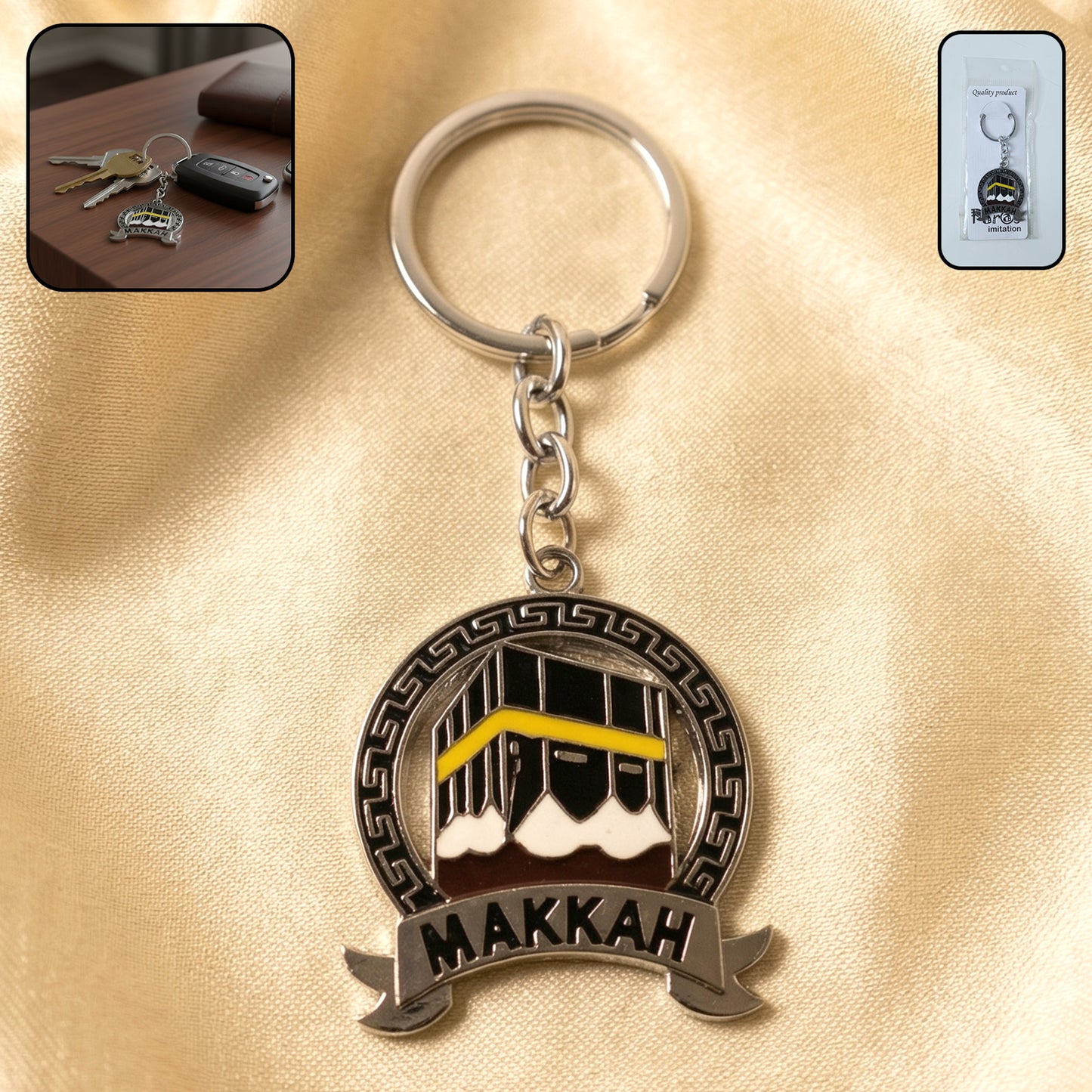 Wukusy premium Makkah design metal keychain with round pendant, featuring intricate Islamic artwork and durable metal construction.