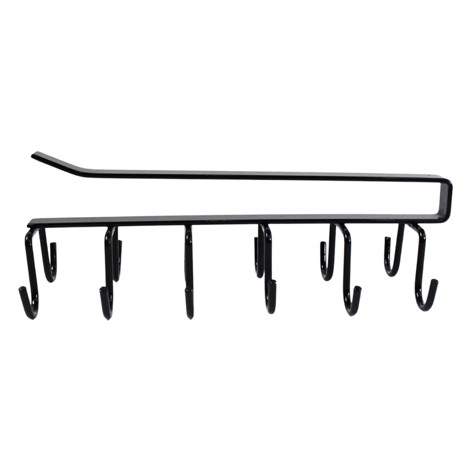 Wukusy double-row metal cupholder rack with six hooks for kitchen or home organization, durable iron multi-purpose hanger.