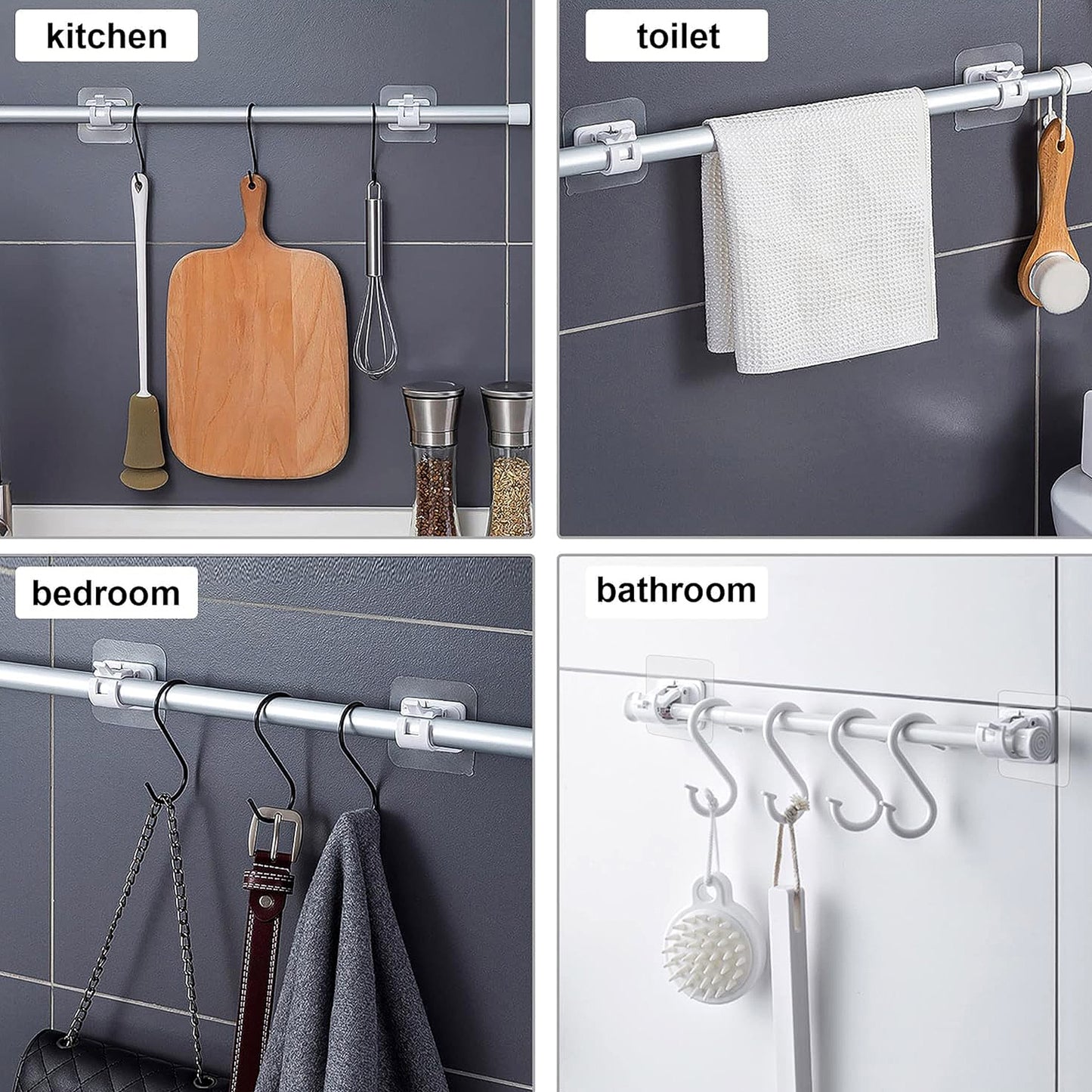 Wukusy no-drill wall-mounted adhesive towel rod holder, single black metal bathroom accessory attached to tiled wall