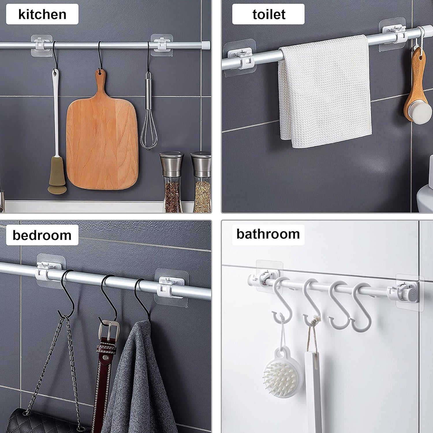 Wukusy no-drill wall-mounted adhesive towel rod holder, single black metal bathroom accessory attached to tiled wall