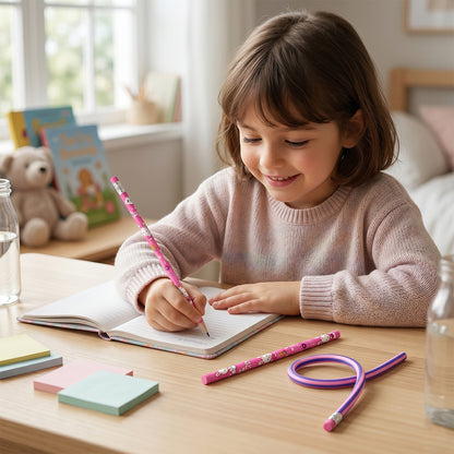 Wukusy 7-in-1 pink stationery set with ruler, pencil, eraser, notebook, and sharpener displayed in a colorful collection