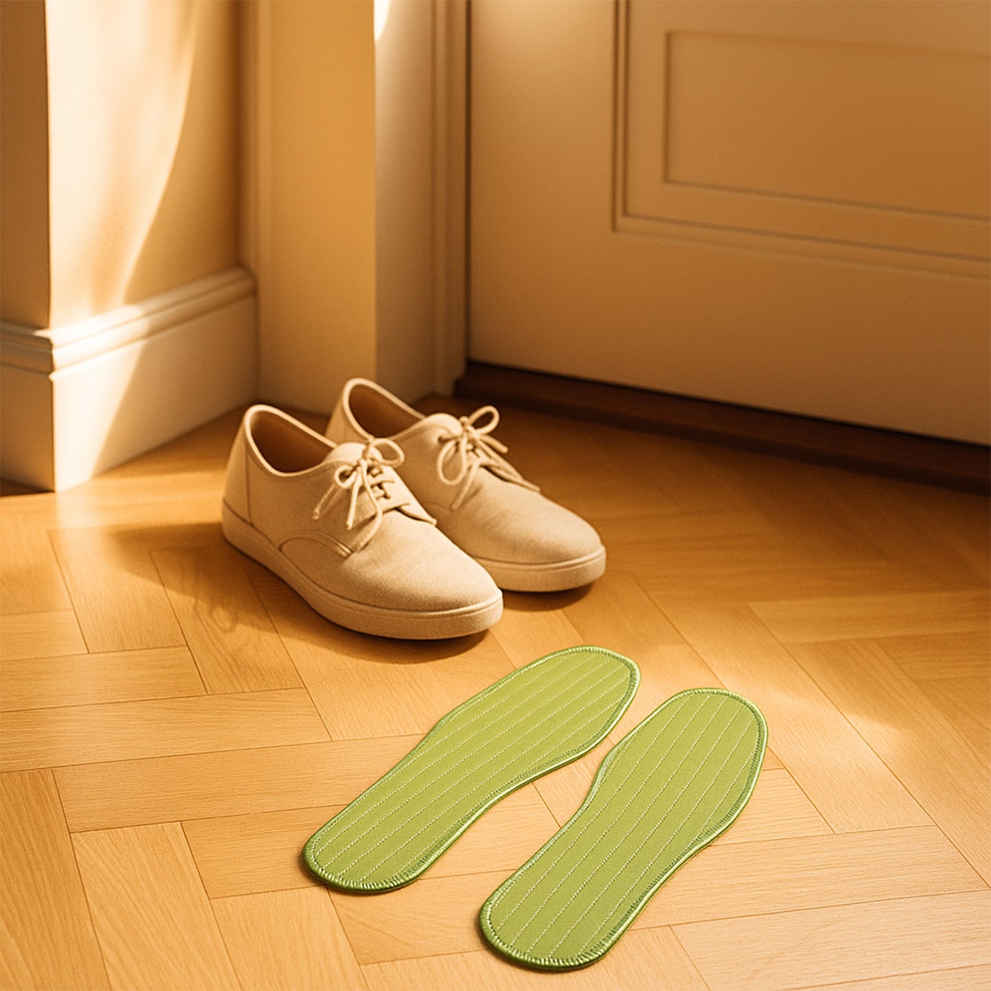 Pair of Wukusy premium comfort shoe insoles for size 43, designed for daily foot support with a mix of patterns.