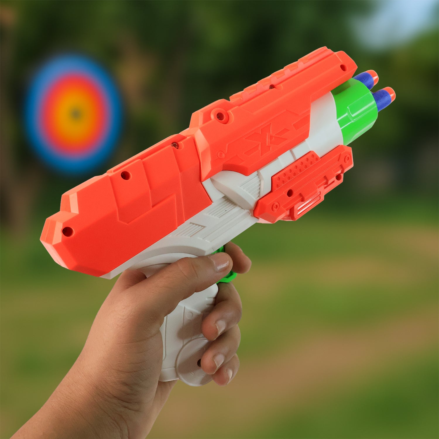 Wukusy Z Master toy gun with foam bullets for kids, compact shooting toy in black with orange accents, ready for play.
