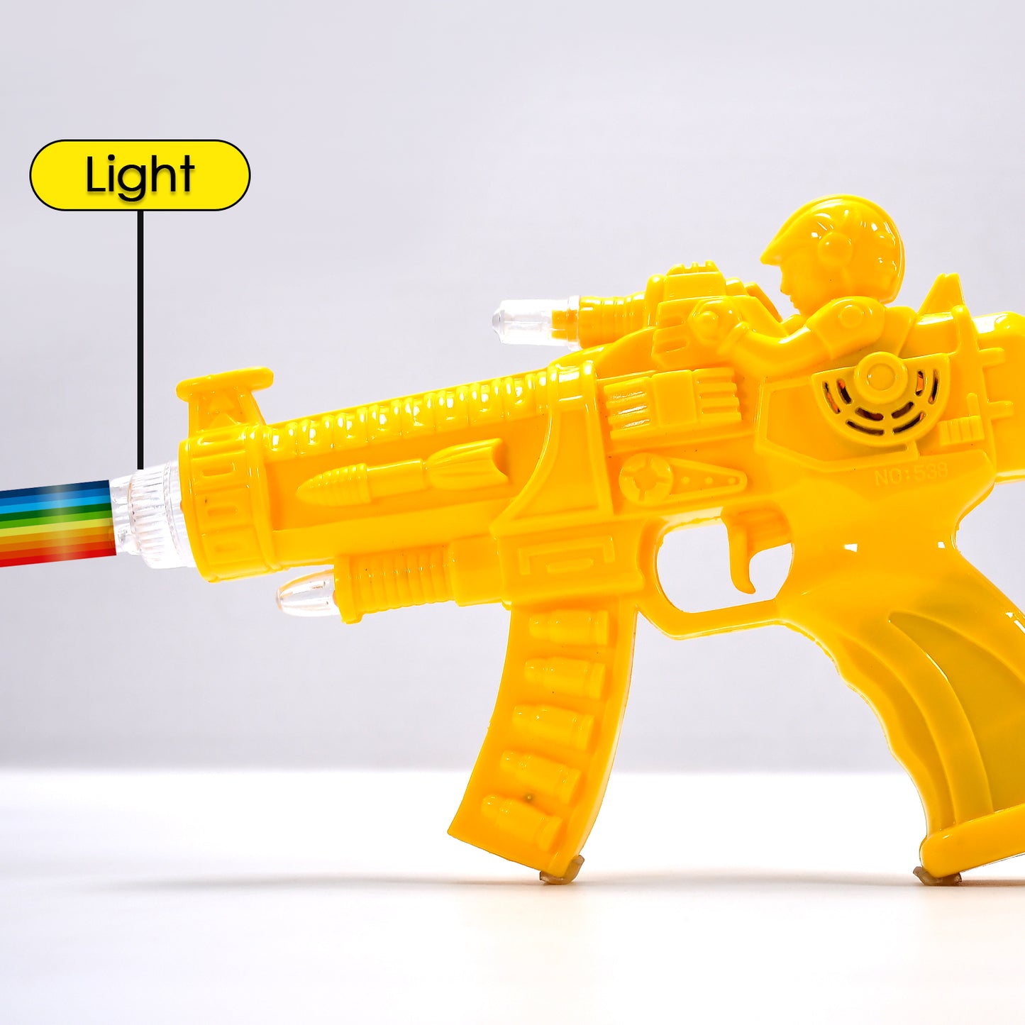 Wukusy 4412 Concept Musical Transparent Glow Gear Gun toy with rainbow light effects, featuring colorful glowing details.