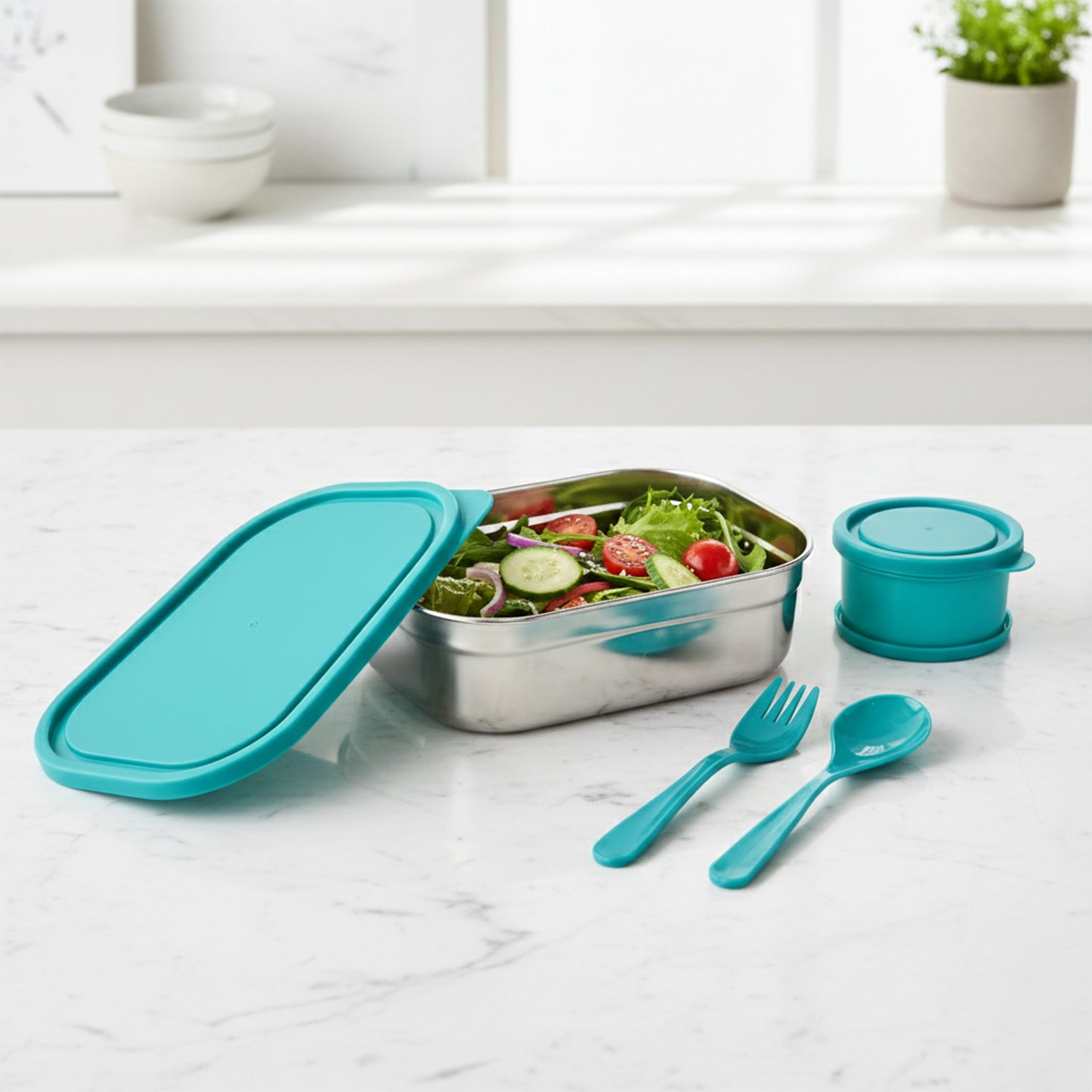 Stainless steel lunch box set by Wukusy with four durable, eco-friendly containers and secure lids for meal storage.