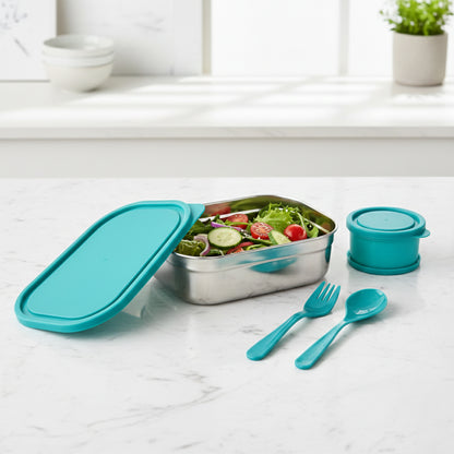 Stainless steel lunch box set by Wukusy with four durable, eco-friendly containers and secure lids for meal storage.