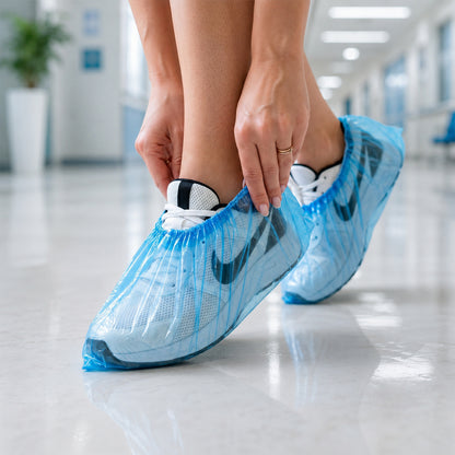 Set of four disposable plastic shoe covers with elastic fit, designed to protect footwear in cleanroom or medical environments.