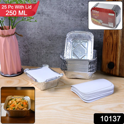 Set of five disposable aluminium food containers with lids, 250ml capacity, by Wukusy, suitable for home and kitchen use