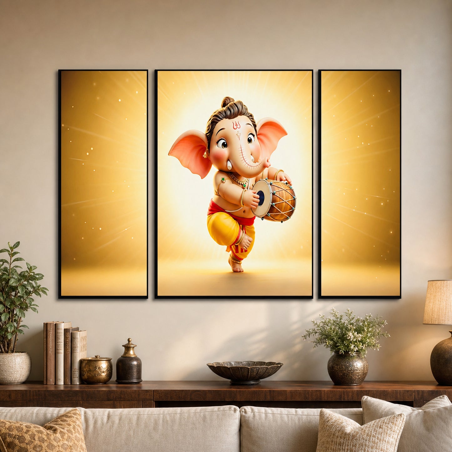 Wukusy Ganesha 3-panel MDF wall frame home decor religious art, featuring Hindu Ganesha design, measuring 16.5x12 inches.
