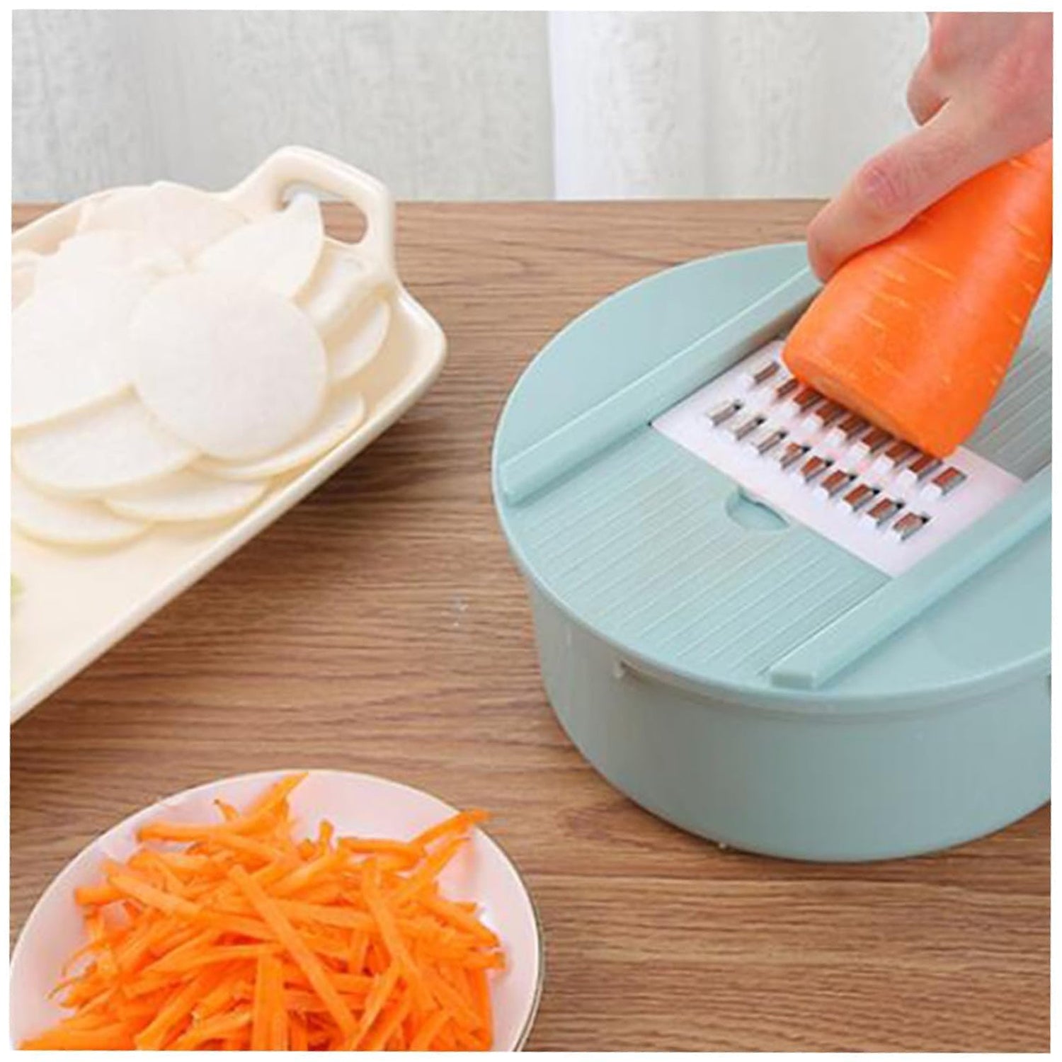 Wukusy multi-functional kitchen vegetable slicer set with various blades and tools for slicing, dicing, and julienning vegetables.
