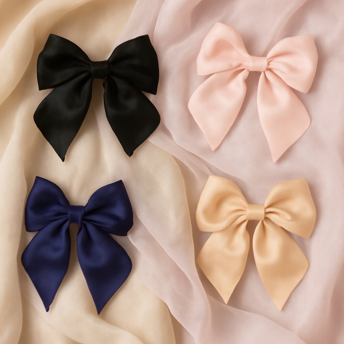 Set of 10 Wukusy satin bow hair clips for girls and women, featuring shiny, colorful bows on alligator clips for hair decoration.