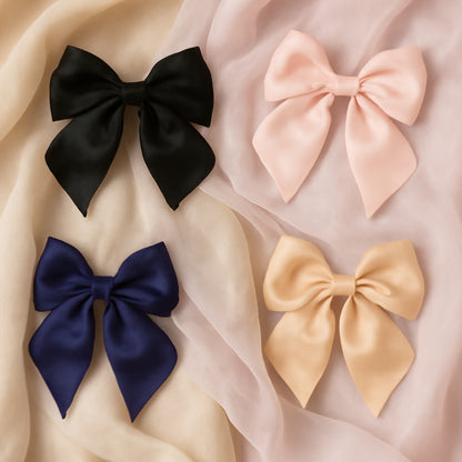 Set of 10 Wukusy satin bow hair clips for girls and women, featuring shiny, colorful bows on alligator clips for hair decoration.