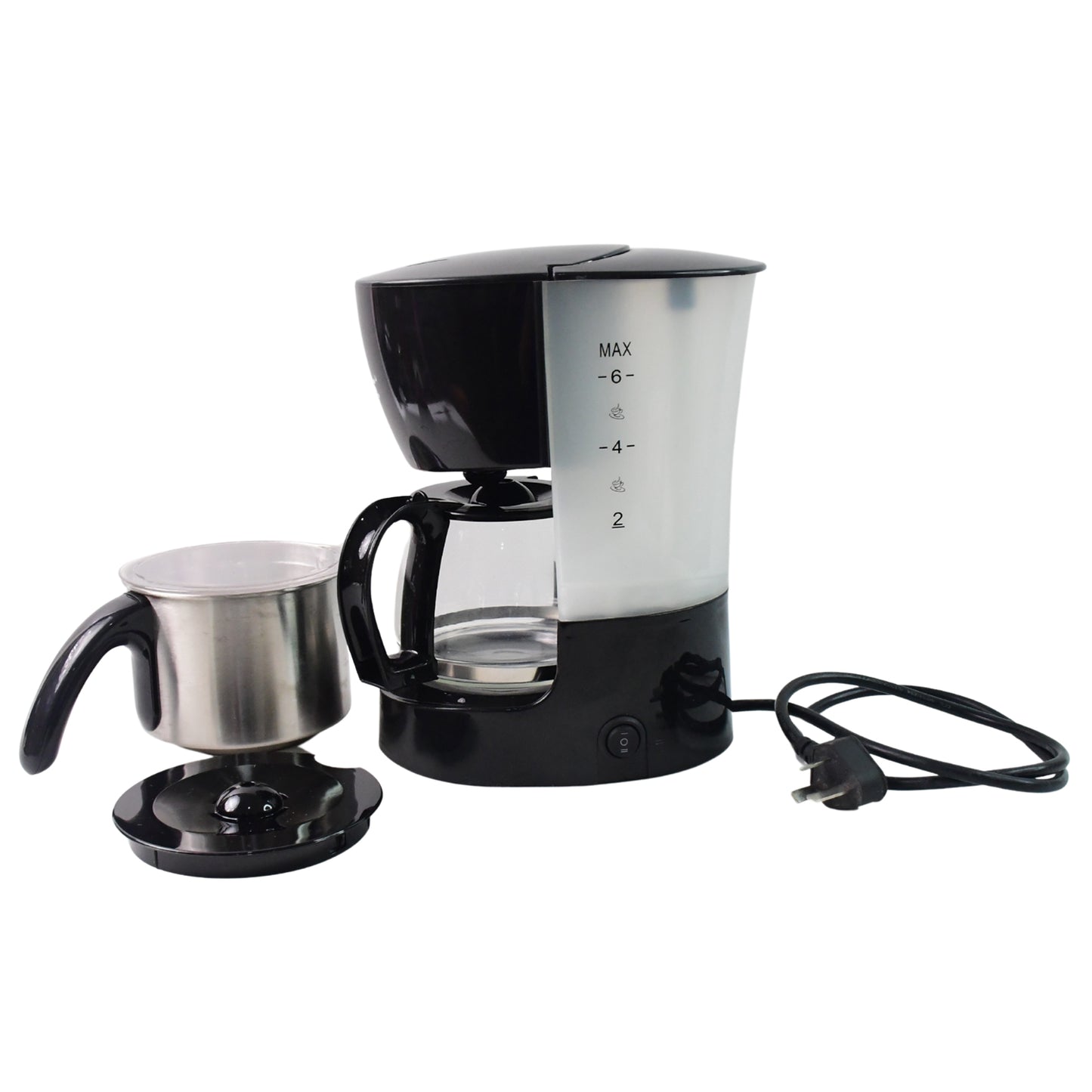 Wukusy Orbit automatic drip coffee maker with 800W power and 1200ml capacity, shown with glass carafe and control panel.