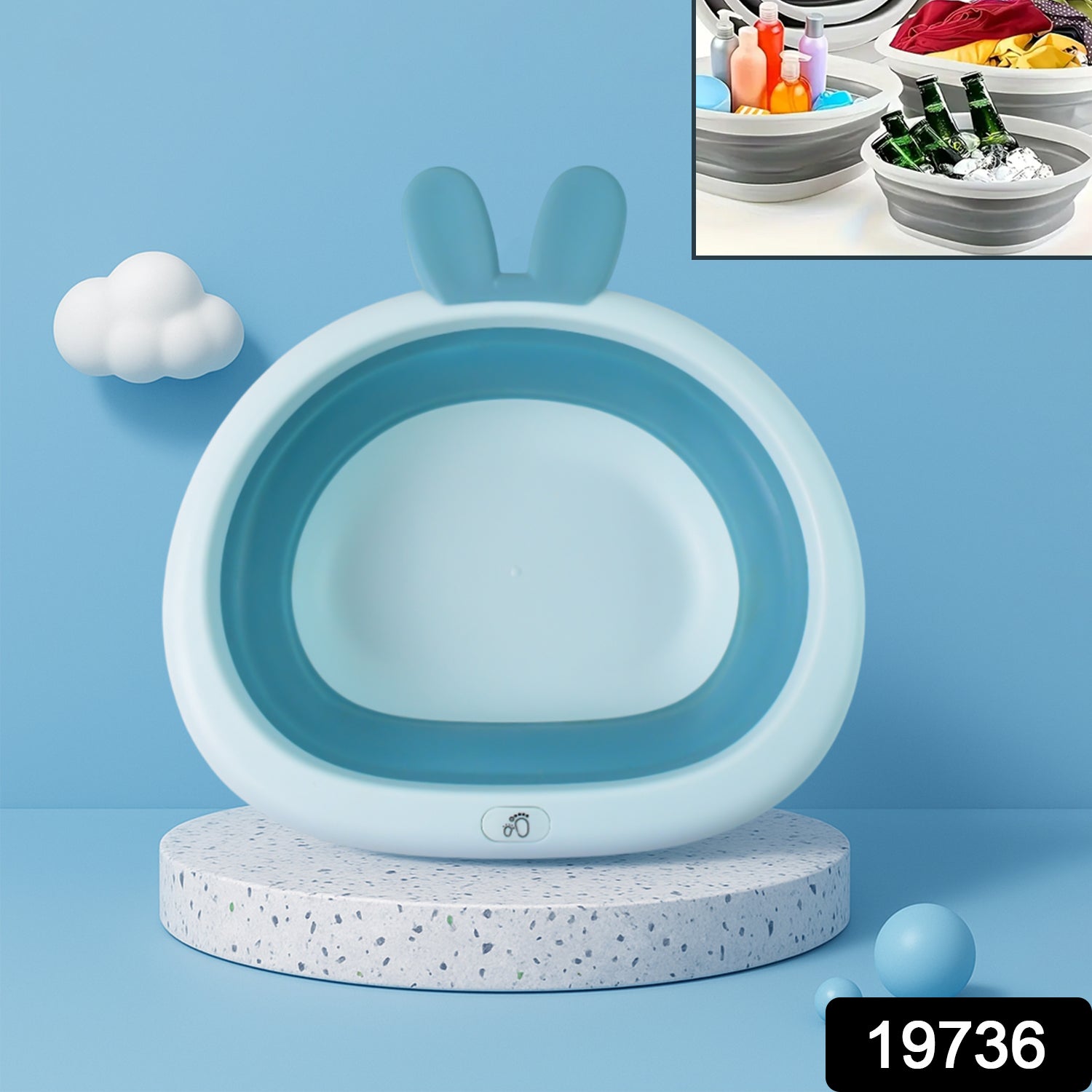 Foldable baby care basin with bunny ear handles, collapsible design by Wukusy for convenient washing and rinsing.
