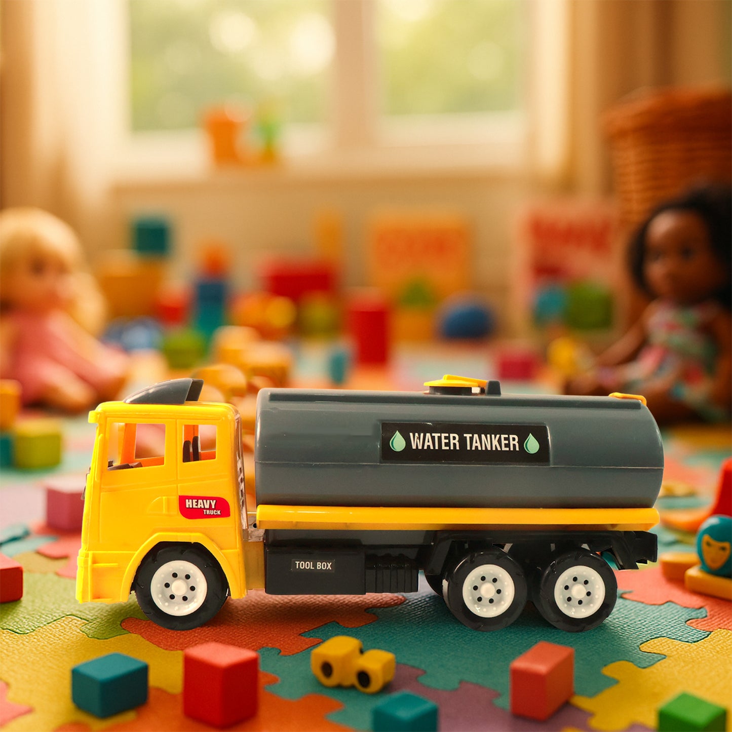 Wukusy Funwoods water tanker toy truck, colorful plastic vehicle for children, with a realistic water tank design.