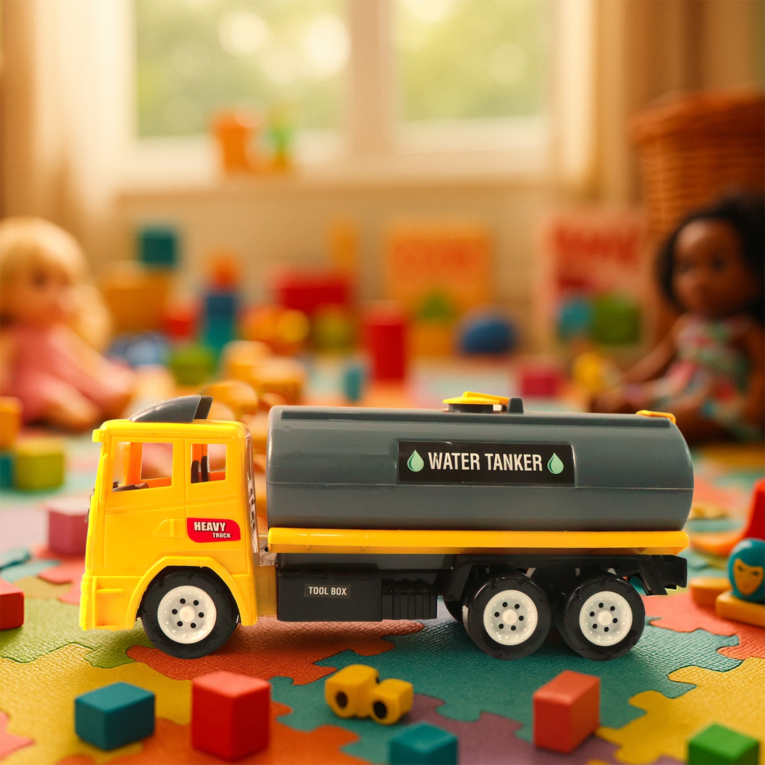 Wukusy Funwoods water tanker toy truck, colorful plastic vehicle for children, with a realistic water tank design.