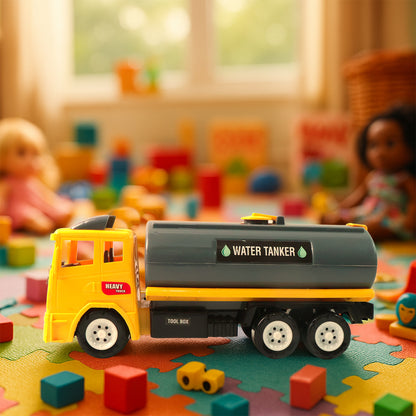 Wukusy Funwoods water tanker toy truck, colorful plastic vehicle for children, with a realistic water tank design.