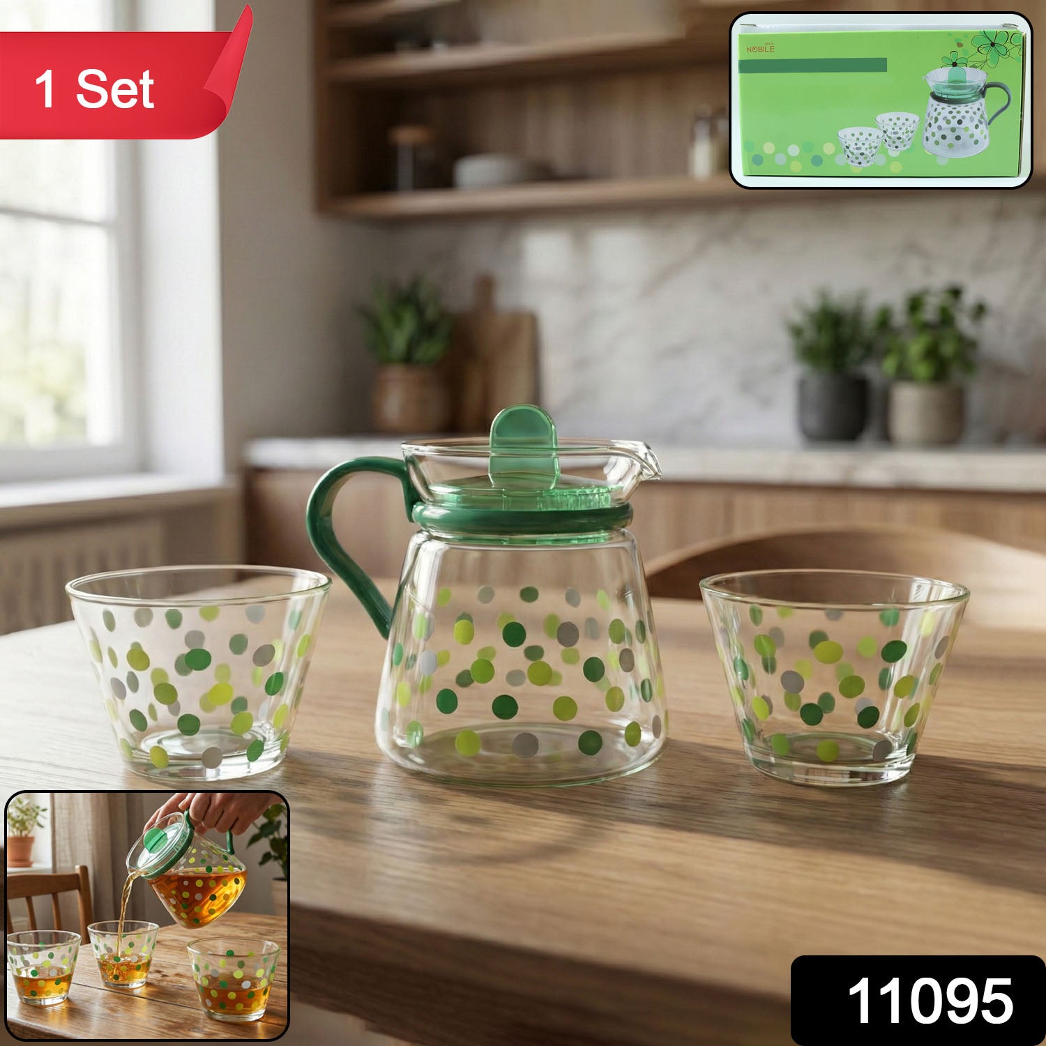 Elegant Wukusy glass tea pot with matching cups set, showcasing clear glass design and delicate handle, ready for serving tea.