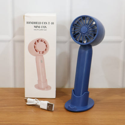 Wukusy rechargeable mini handheld fan with black body, compact design, and adjustable fan blades for personal cooling.