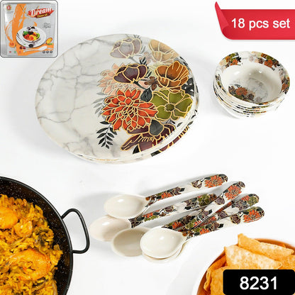 Wukusy 8231 Dream plastic dinner set with floral design, includes 6 plates, 6 bowls, 6 serving spoons, microwave and dishwasher safe