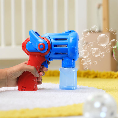 Wukusy rechargeable bubble gun toy for kids, bright plastic design with bubble solution container and trigger mechanism.