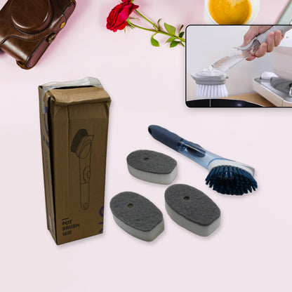 Wukusy 1271c color dish scrubber with soap dispenser, kitchen dish brush set, including handle and refill heads for cleaning dishes.