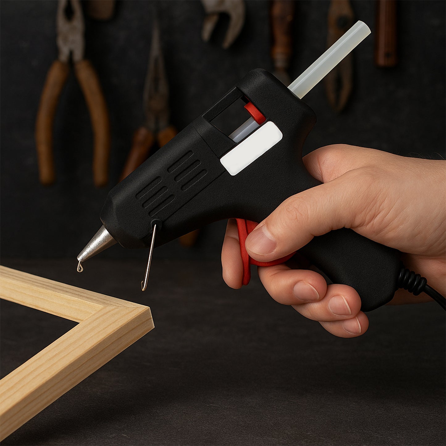 Wukusy 20W hot melt glue gun for craft and repair, fast-heating adhesive applicator with ergonomic handle, shown in use.