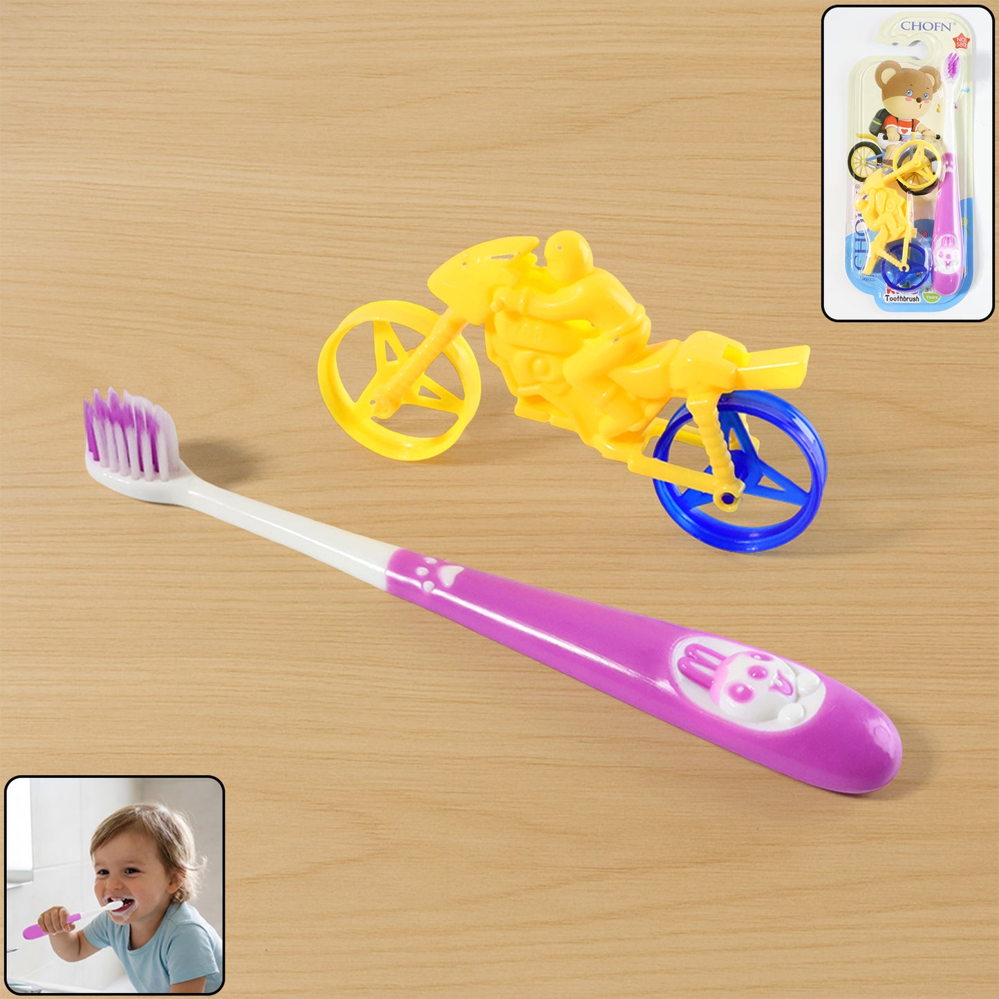 Kids toothbrush and bike toy set by Wukusy with colorful toothbrush and small bike toys in a playful display.